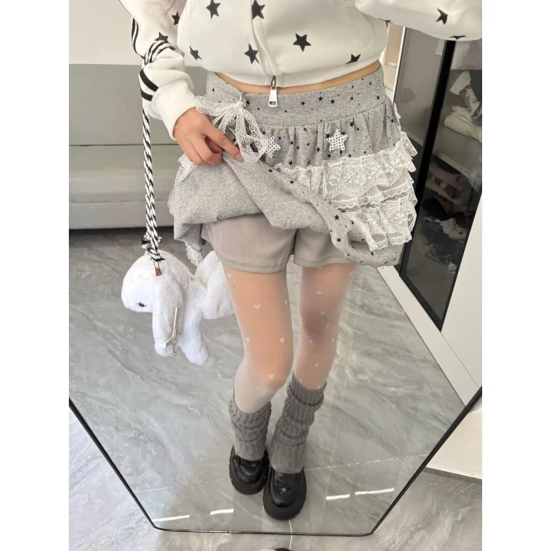 

Корейская юбка А-силуэта в стиле Y2K с кружевными вставками, женская, весна 2026, с высокой талией, плиссированная, с принтом звезд, повседневная, многоярусная юбка-кейк