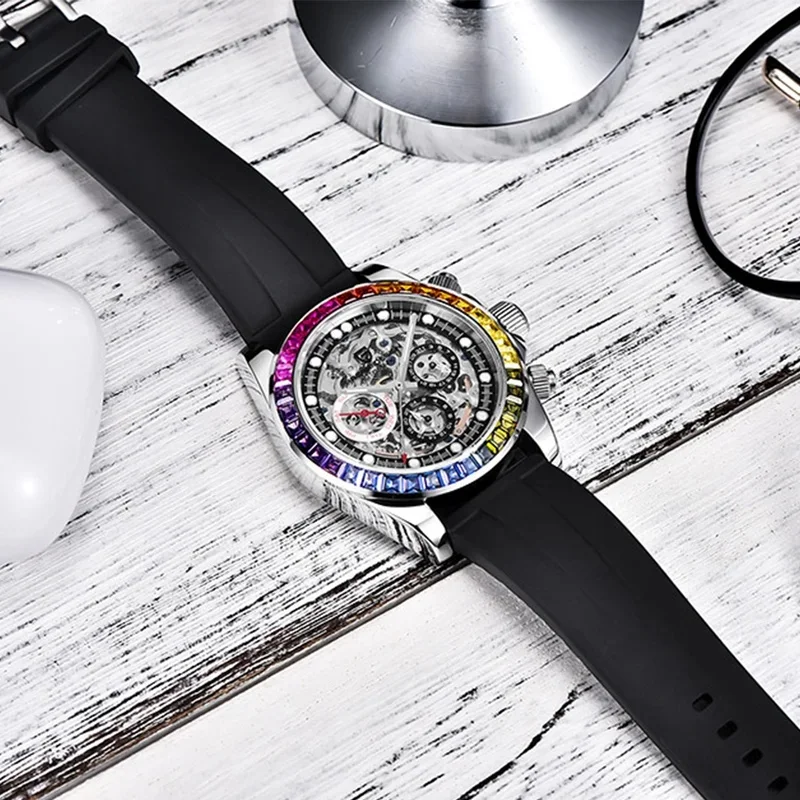 Pagani Design PD1653 Men's Automatic Mechanical Watch Rainbow Bezel 100 Meter Waterproof Sports Rubber Strap Men's Luxury Watch