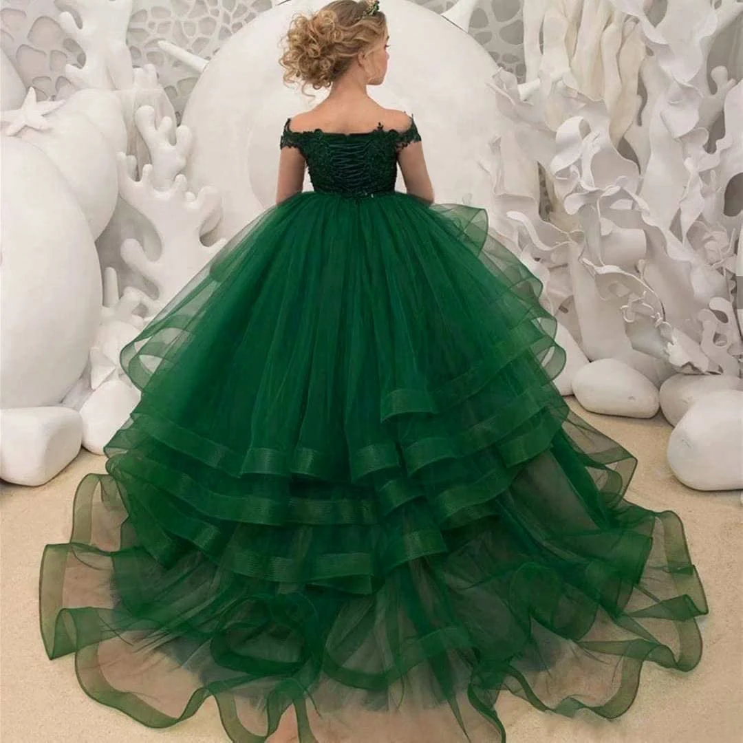 Vestidos de flores verdes para niña, cuello redondo, apliques con cuentas, mangas largas, vestidos de desfile, volantes escalonados, tren de barrido, cumpleaños