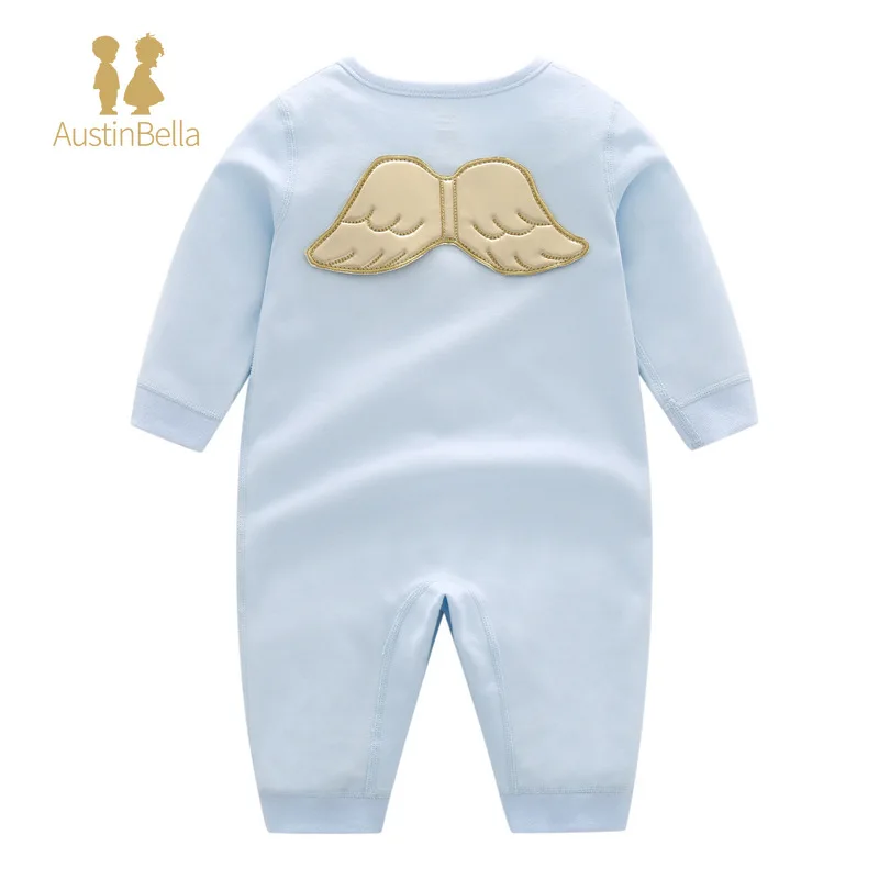 Spring Autumn Baby Romper Baby Girl Boy Clothes Round Collar Long Sleeves Blue White Pink Angel Wing Jumpsuit Newborn Clothes