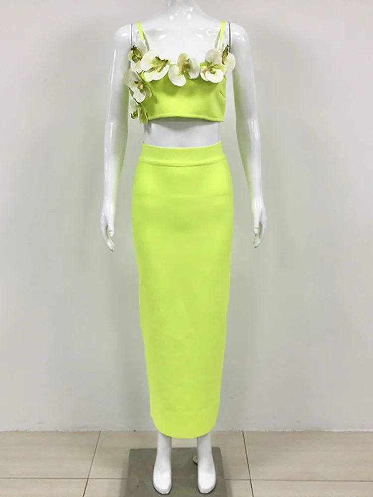 Women Celebrity Sexy Backless Flower Neon Green Mid-Calf Bandage Skirt Set 2024 Knitted Elegant Evening Club Party Clothing