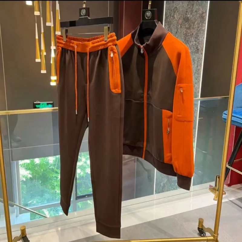 

Весенне-осенний новый мужской повседневный спортивный свободный костюм с цветными блоками, толстое пальто и спортивные штаны, комплект из 2 предметов