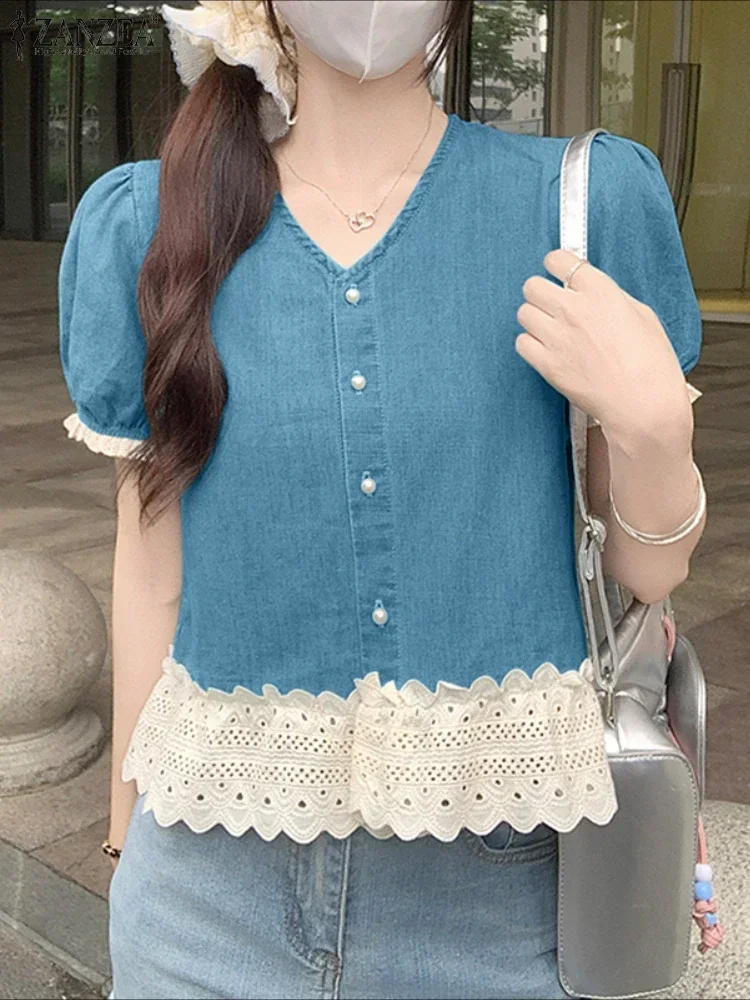 

ZANZEA Women Summer Sweet Shirts Fashion Denim Blouse 2025 Lace Patchwork Casual Tops Buttons Short Sleeve V-Neck Tunic Blusas