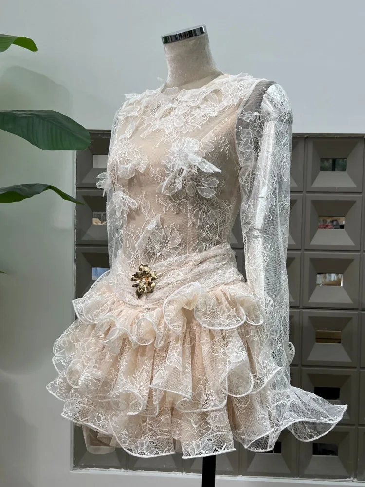 DFDG Vestido de encaje con volantes y bordado floral vintage para mujer con dobladillo ondulado plisado Retro Boho Chic 2025 Primavera Verano Vestido de fiesta informal