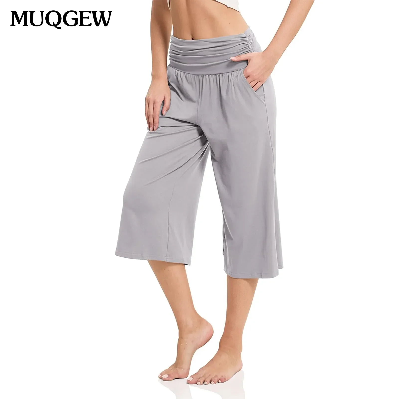 

Summer Women Pants Street High Waist Wide-leg Pants Fashion Seven Points Women Loose Casual Shorts Solid Color