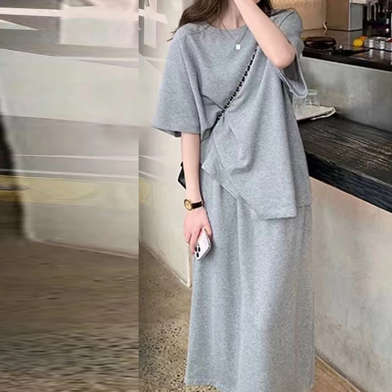 Two Piece Set for Women 2024 Summer Simple Casual Streetwear Oversized Short Sleeve T-shirt Female High Waist Solid Midi Skirts