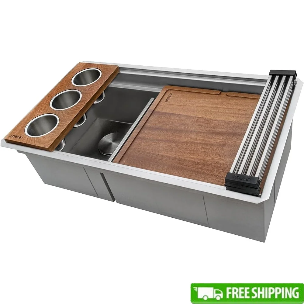 

33inch Workstation Kitchen Sink Dual Tier Undermount Double Bowl 16 Gauge Stainless Steel Innovative Slope Offset Drain