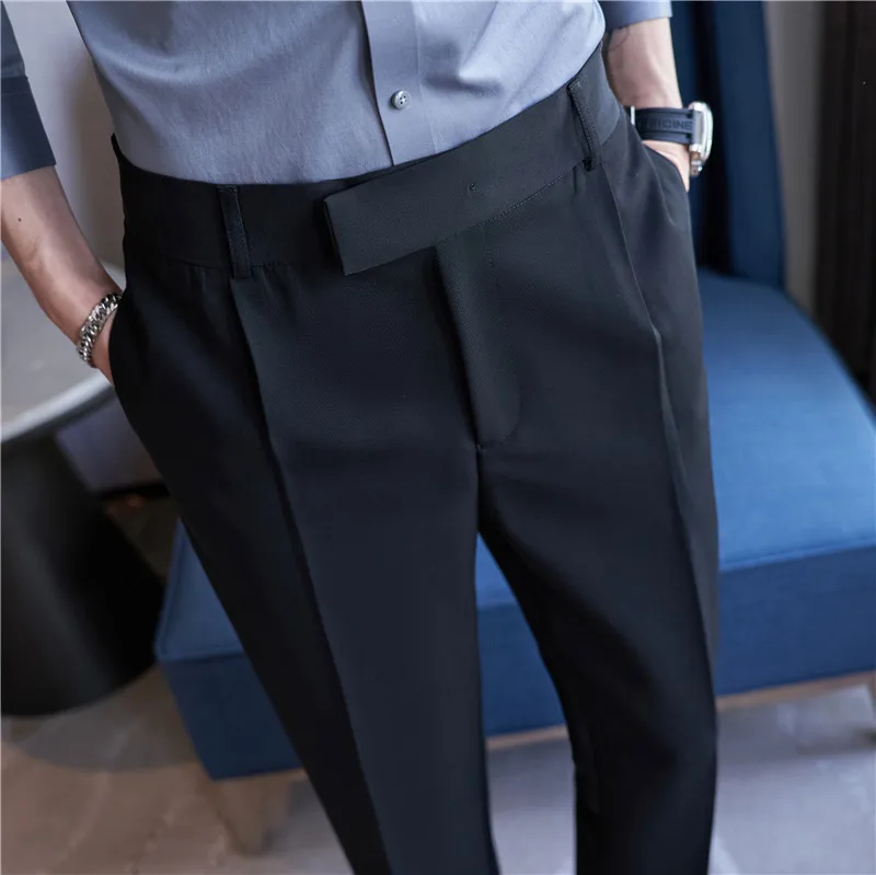 Autumn Elastic Waistline Straight Pants for Men Casual Business Suit Pants Belt Decoration Ankle Length Office Social Trousers