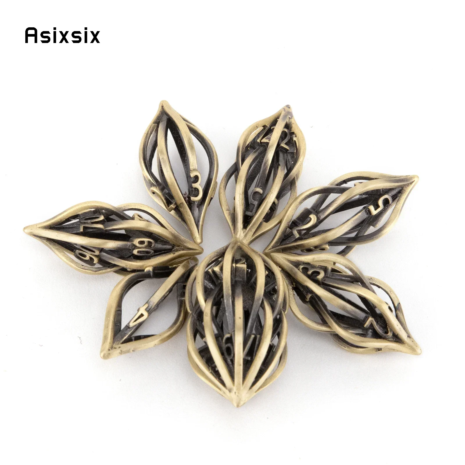 

7 Pcs Golden Flower Oval Metal Dice Hollow Metal Polyhedral Dice Set Suitable For Role-Playing Game