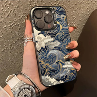 Japanese Waves Electroplate Silver IMD Case for IPhone 16 11 12 13 14 15 Pro Max SE 2022 7 8 Plus X XS XR Shockproof Hard Cover
