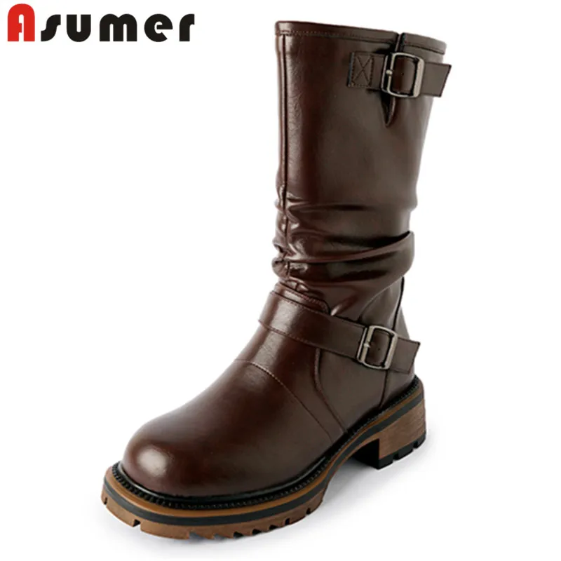 

ASUMER 2024 New Ladies Mid Calf Boots Slip On Thick Med Heels Shoes Autumn Winter Genuine Leather Women Boots