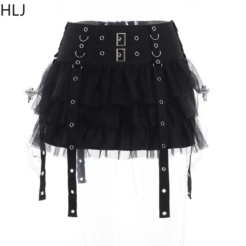 HLJ Black Y2K Punk Fashion Streetwear Women Mesh Ruched Corset Tank Top And Mini Stacked Skirts Two Piece Sets Female Outfits