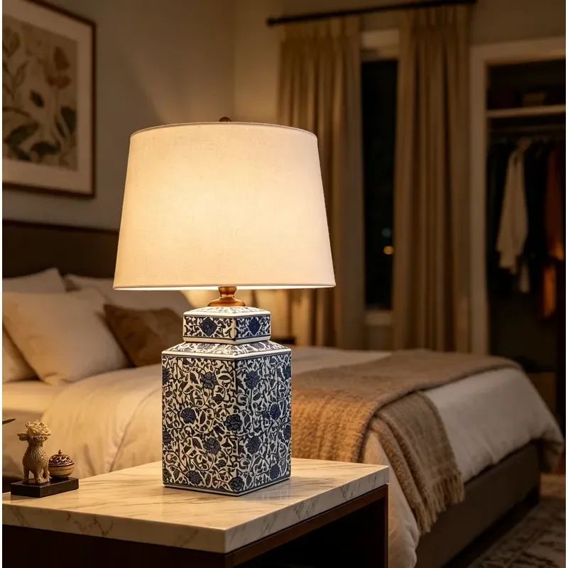 Chinese Style Blue White Ceramic Table Lamp Floral Pattern Square Base Linen Shade Bedside Decor Light for Living Room