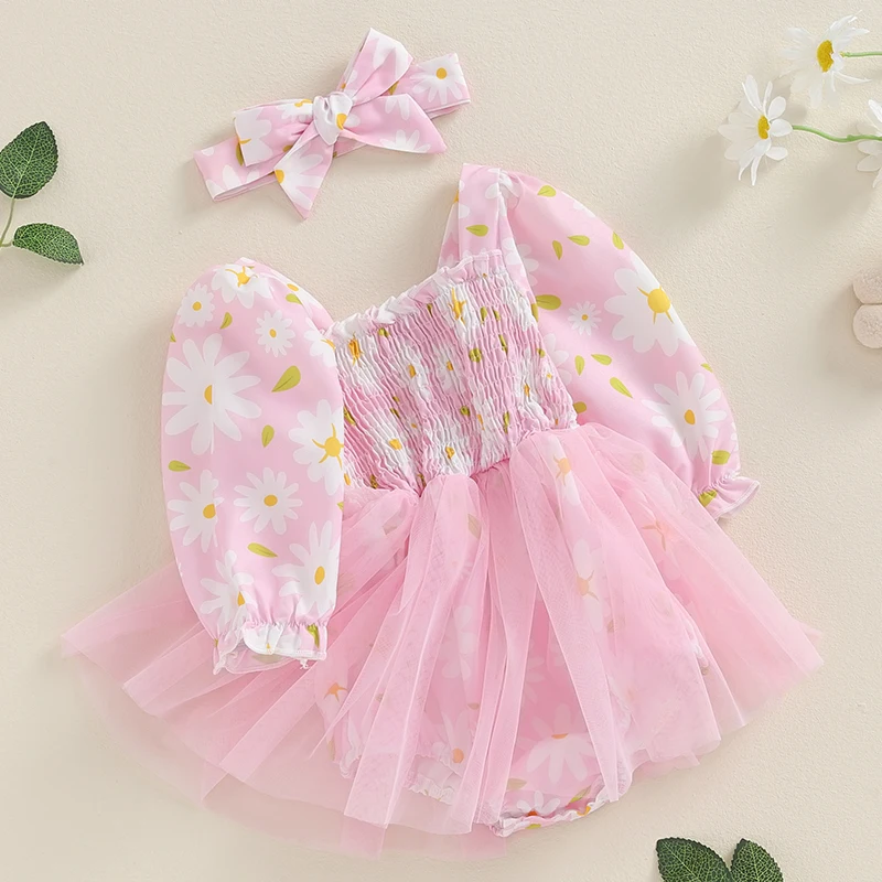 Baby Girl 2 Piece Summer Set Flower Print Shirred Long Sleeve Romper Dress Bow Headband Infant Toddler Outfits