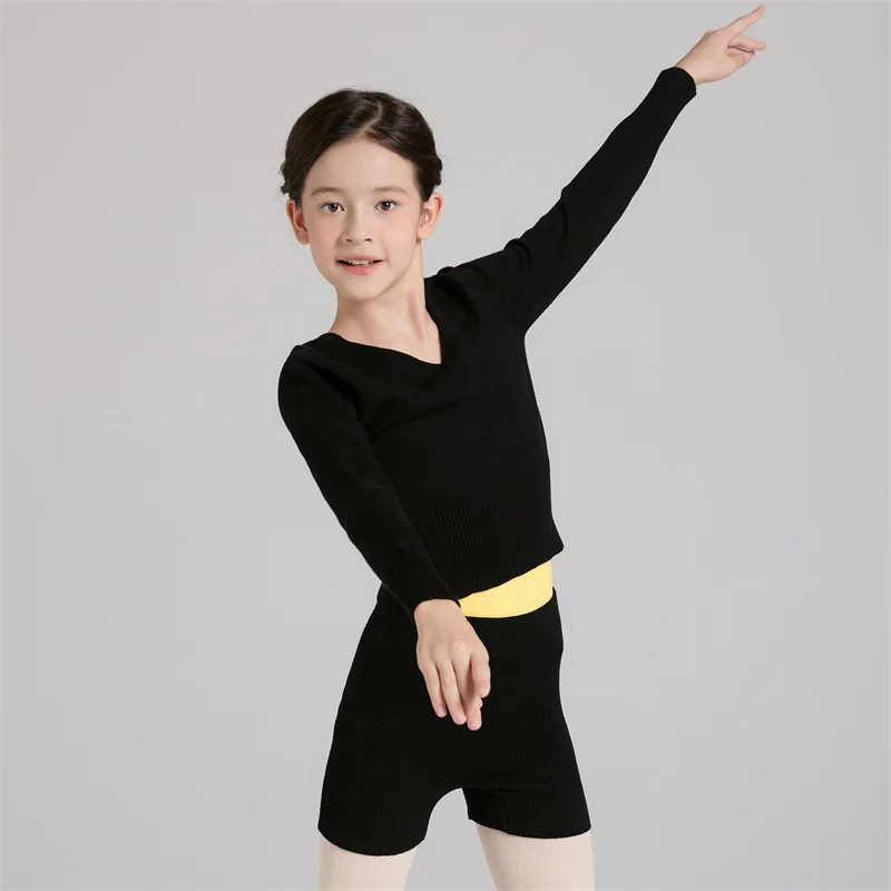 Fashion Wholesale Price Kids Girls Children Training Wear Twisted Front Pink Black Blue Purple Grey Ballet Dance Wear Sweater