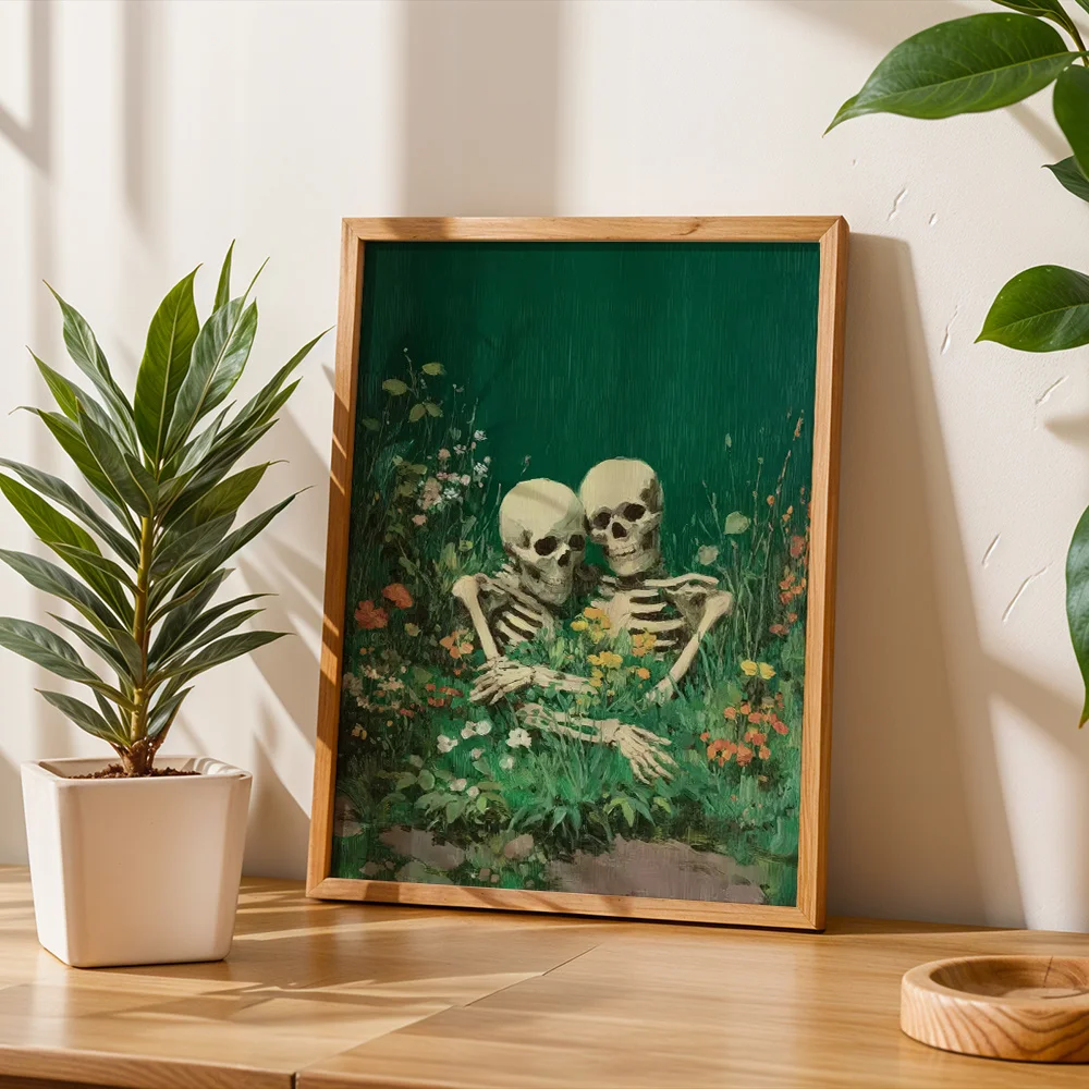 Vintage Embracing Skeleton Couple Canvas Wall Art,2D Print,Wall Decor For Living Room Bedroom,Halloween Themed Home Decor Gift