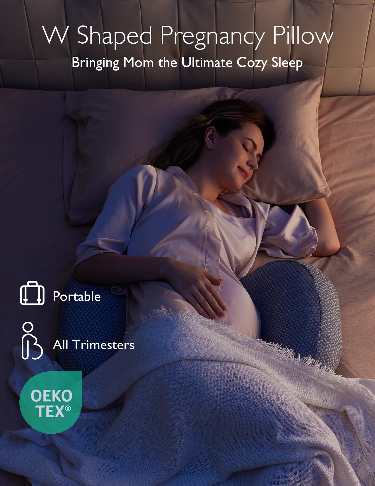وسادة حمل محمولة من Momcozy، دعم أمومة على شكل حرف W للنوم الجانبيين، وسادة قابلة للتعديل لتخفيف الظهر والبطن والورك