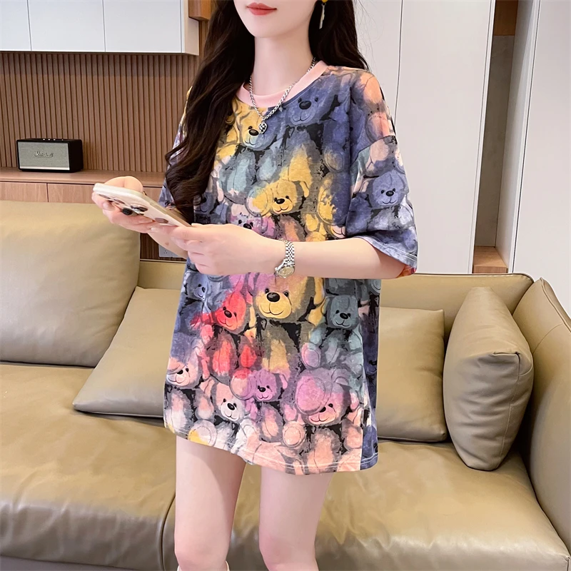 Painted style print loose short sleeve T-shirt women 2024 summer new Korean casual everything with Instagram super fire top tide