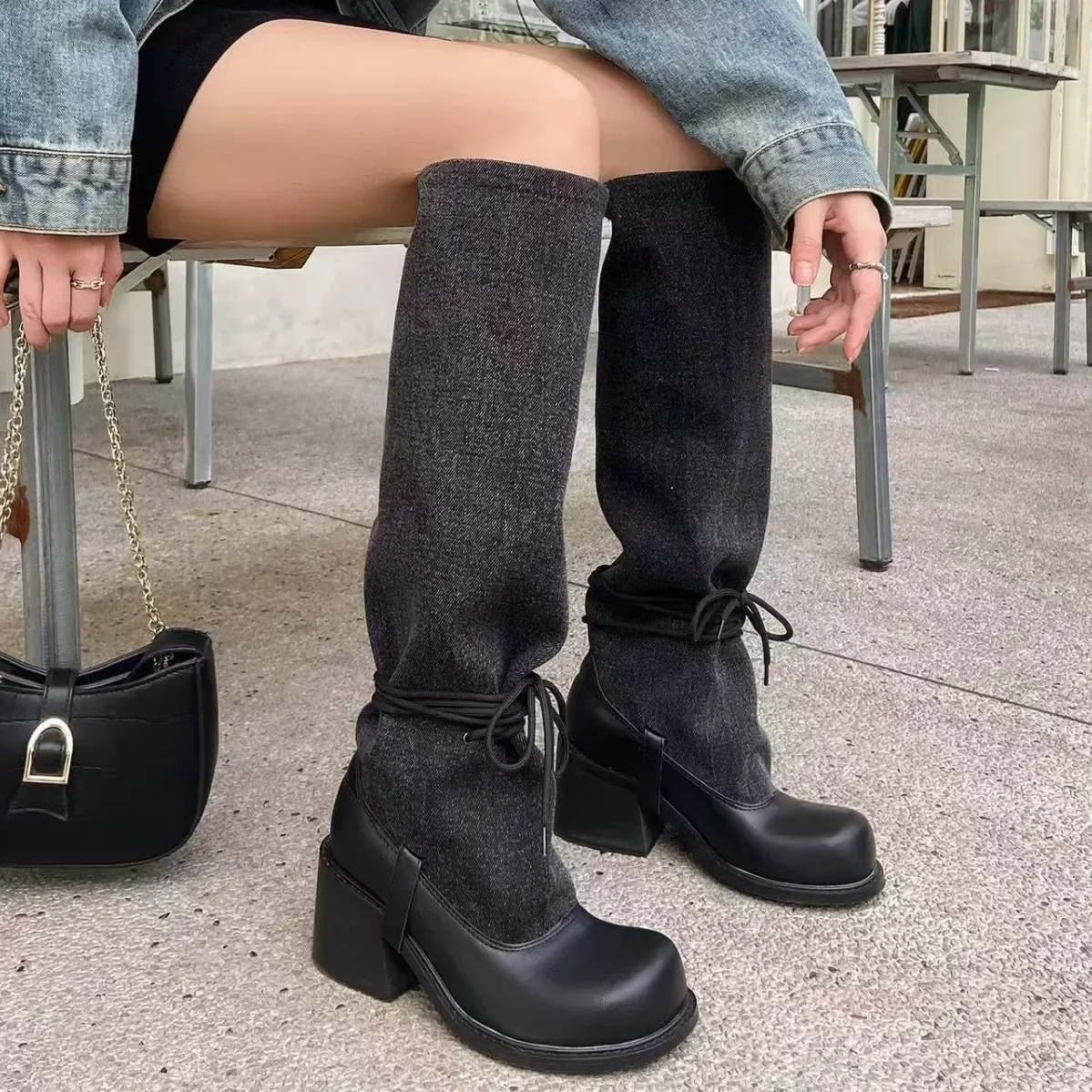 

Black Long Tube Boot Women's Buckle Slimming Large 6.5cm Thick Heel Rubber Outsole Microfiber Bootie Over Knee Boot