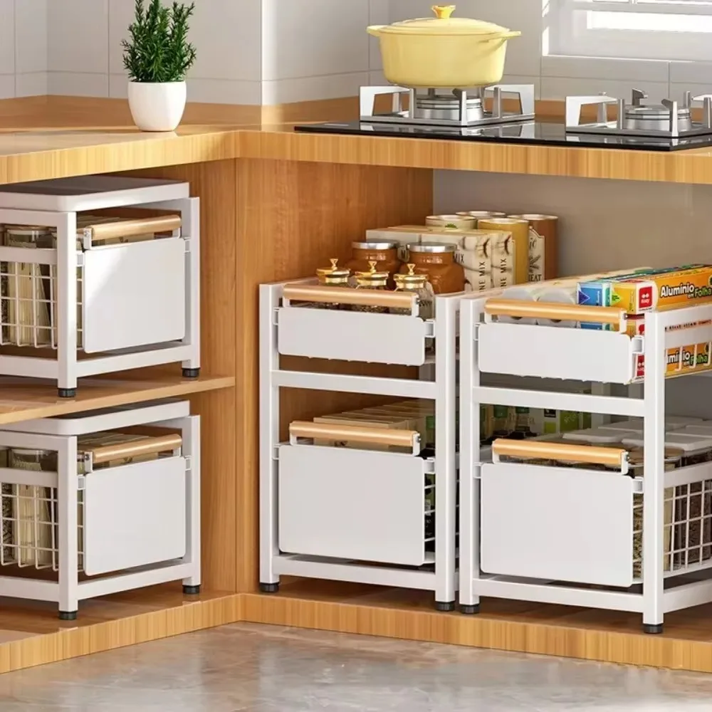 Kitchen Sink Storage Rack Sink Pull-Out Organizer Carbon Steel Bathroom Rack Layered Seasoning Storage Shelf Countertop Cabinet