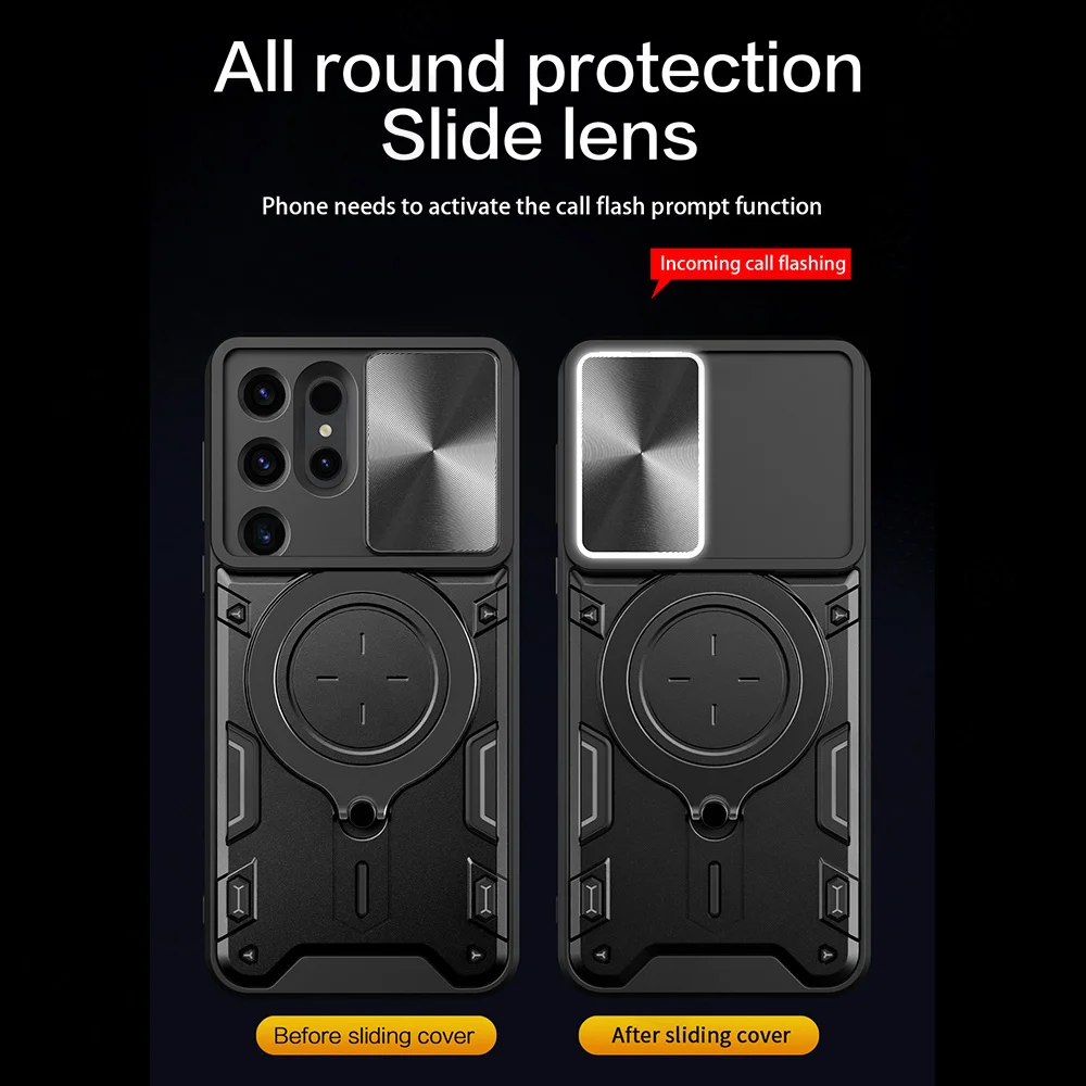 Case For Samsung Galaxy S24 S23 S22 S21 Note 20 Ultra A55 A35 A15 A54 A34 4G 5G Magnetic Rotat Camera Slide Protector Ring Cover
