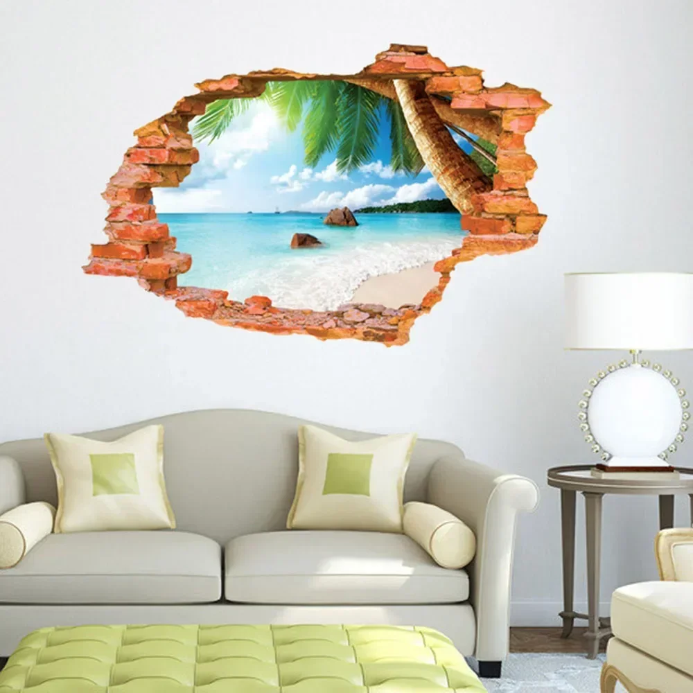 3D Broken Sunset 89*59cm Nature landscape Hole View Art Landscape Wallpapers Beach Castle Tree Vinyl Mural Home Dec Art Stickers