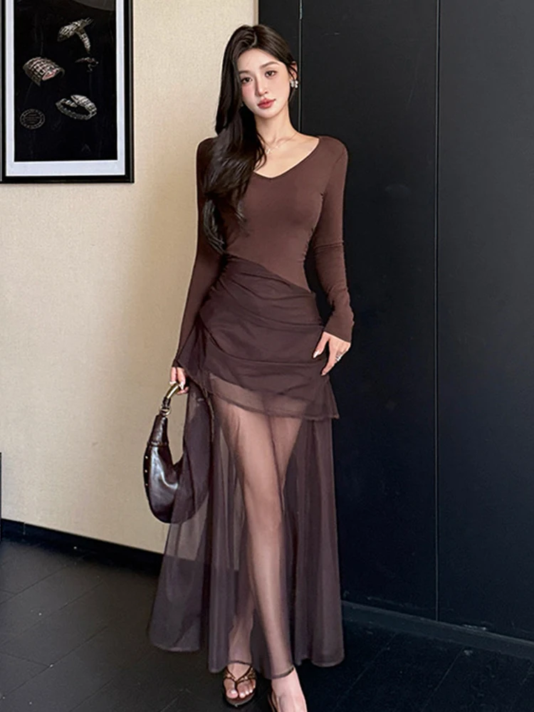 Frauen Kleidung Solide Mesh Sheer Sexy V-ausschnitt Schlank Fischschwanz Lange Kleid Elegante Dame Mode Party Club Prom Vestido Robe Casual Neue