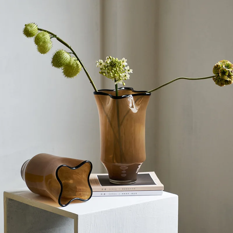 Handmade Brown Glass Vase, Black Edge Creative Folded Rim Wide Mouth Vase for Nordic Mid-Century Modern Home Tabletop Decor