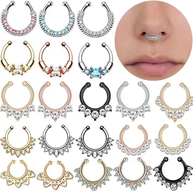 1/2Piece Stainless Steel Fake Nose Piercing Septum Jewelry Crystal Zircon Fake Septum Piercing Ring Nose Rings for Women