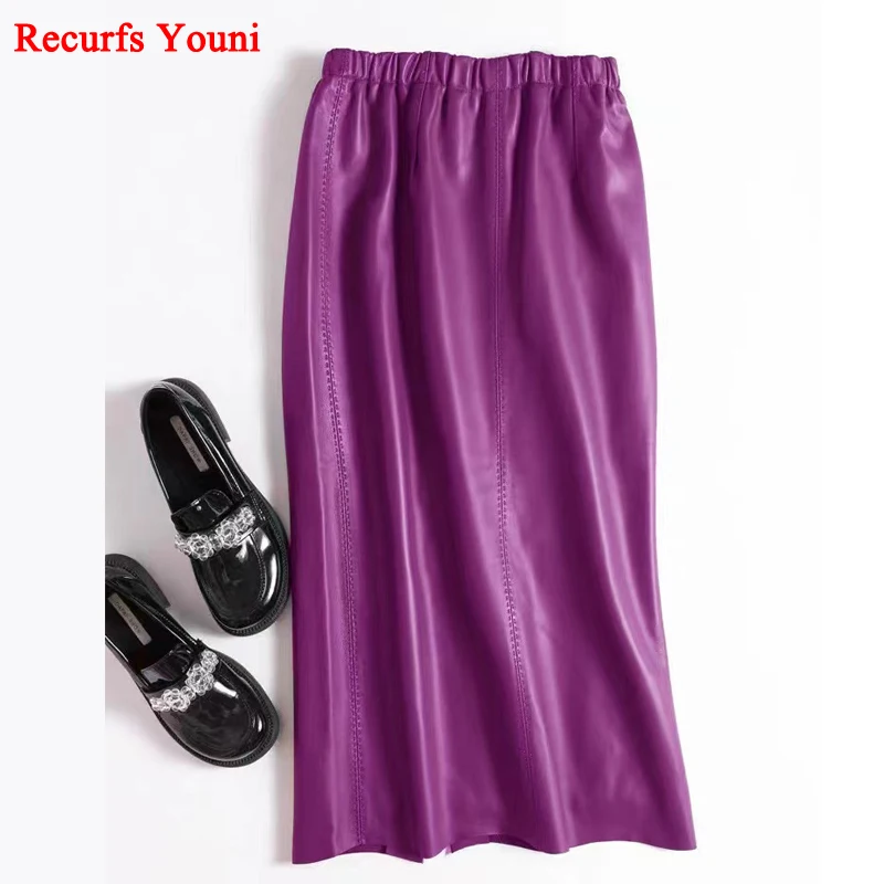 

Purple Lambskin Pencil Skirt for Women Korean Streetwear Back Slit Slim Fit Calf Long Faldas Mujer Show Thin Straight Wrap Jupe