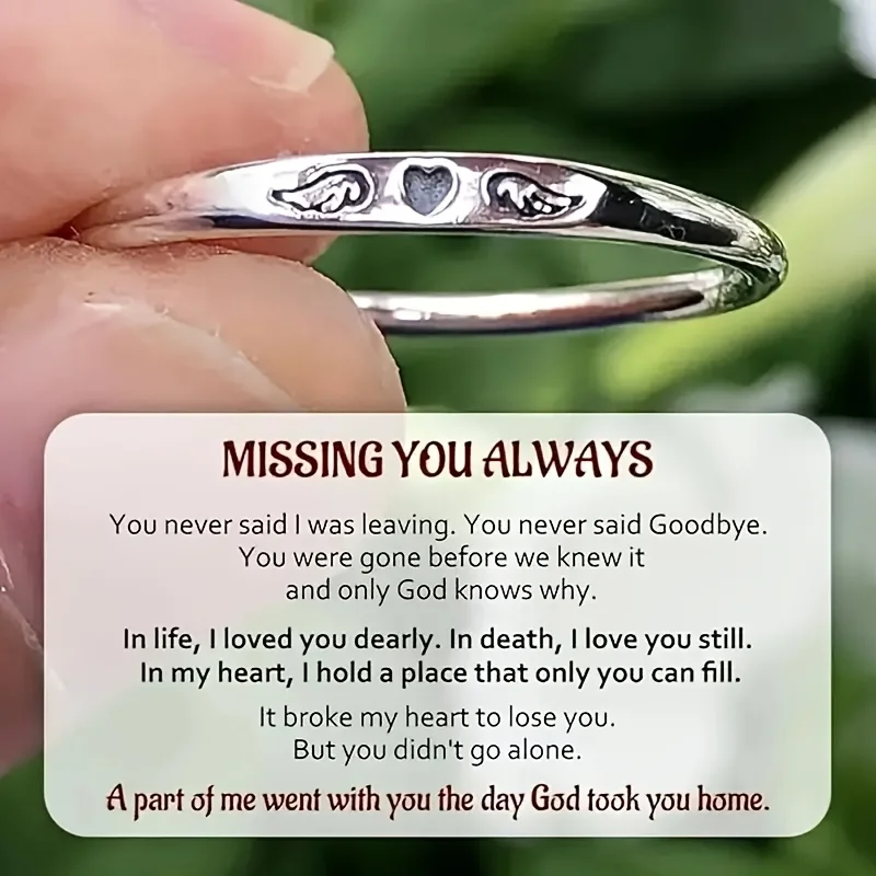 Titanium Steel Angel Wings Heart Memorial Ring for Remembering Deceased Loved Ones Grief Jewelry Thin Daily Wear Comfort Gift