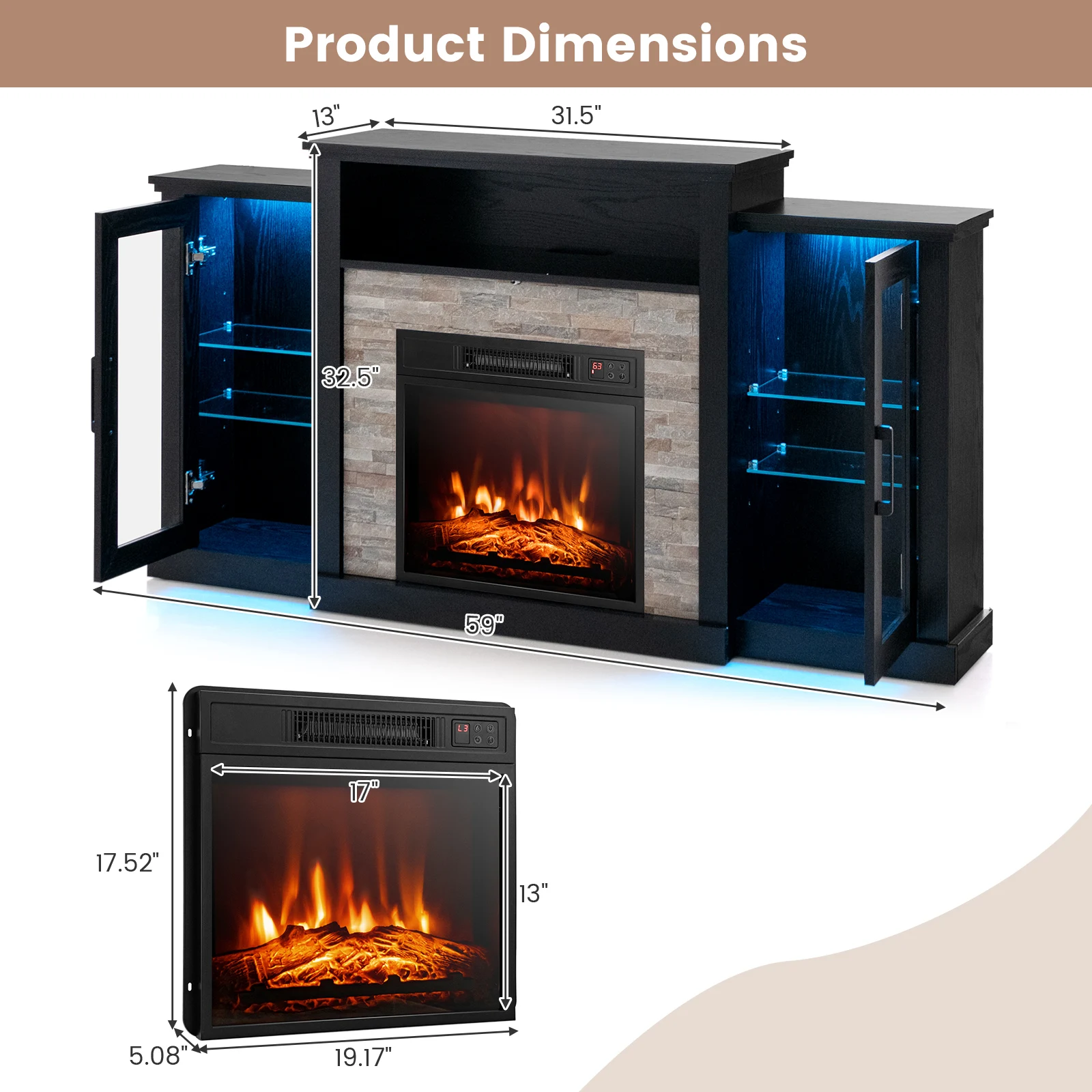 Fireplace TV Stand w/ Led Lights & 18