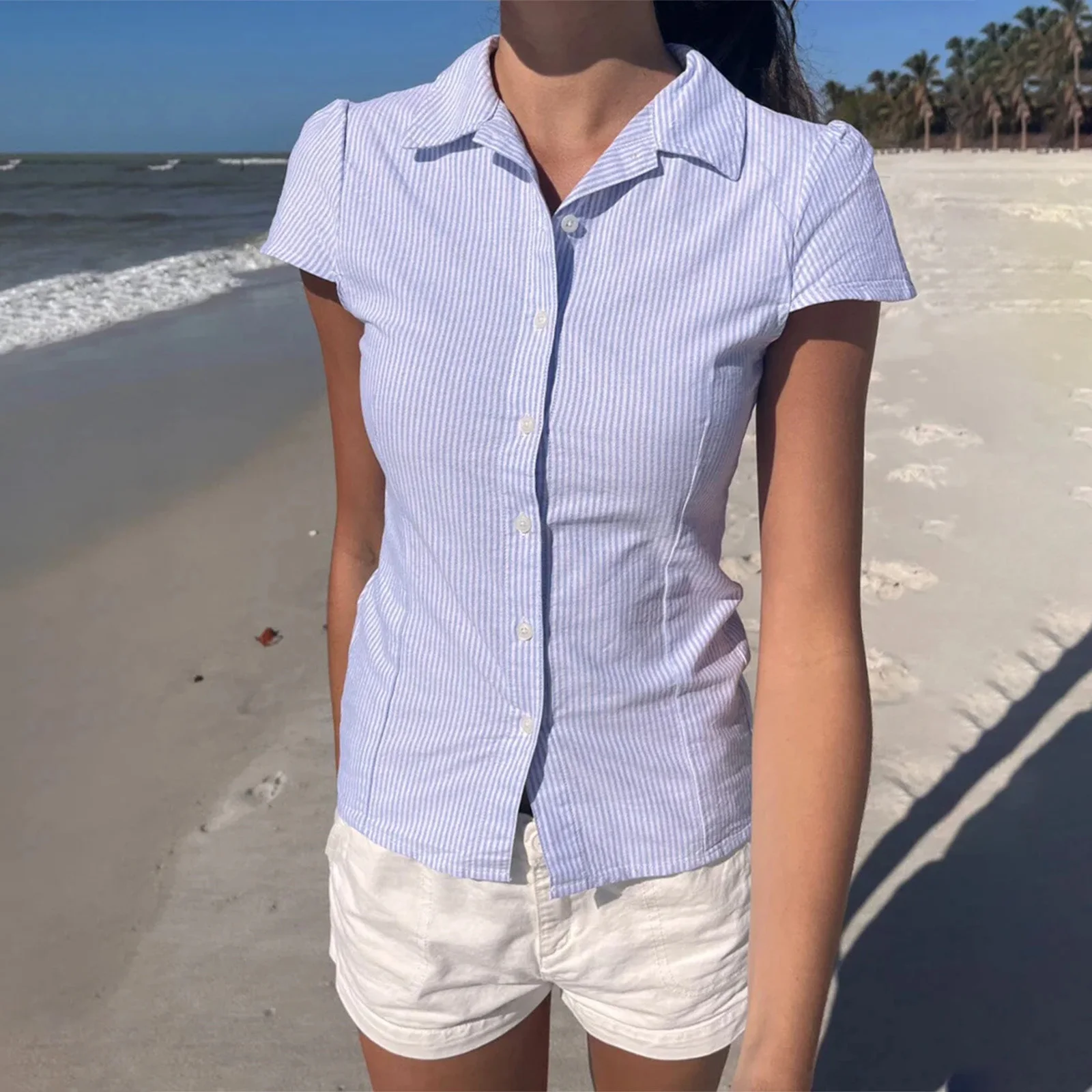 Women's Summer Casual Slim Fit Shirt Short Sleeve Lapel Buton Up Solid Color/Striped Print Vintage Tops