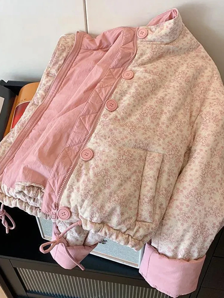 

Korean Female Winter Stand Collar Cute Coat Floral Sweet Puffy Parkas Women Vintage Long Sleeve Thick Warm Cotton