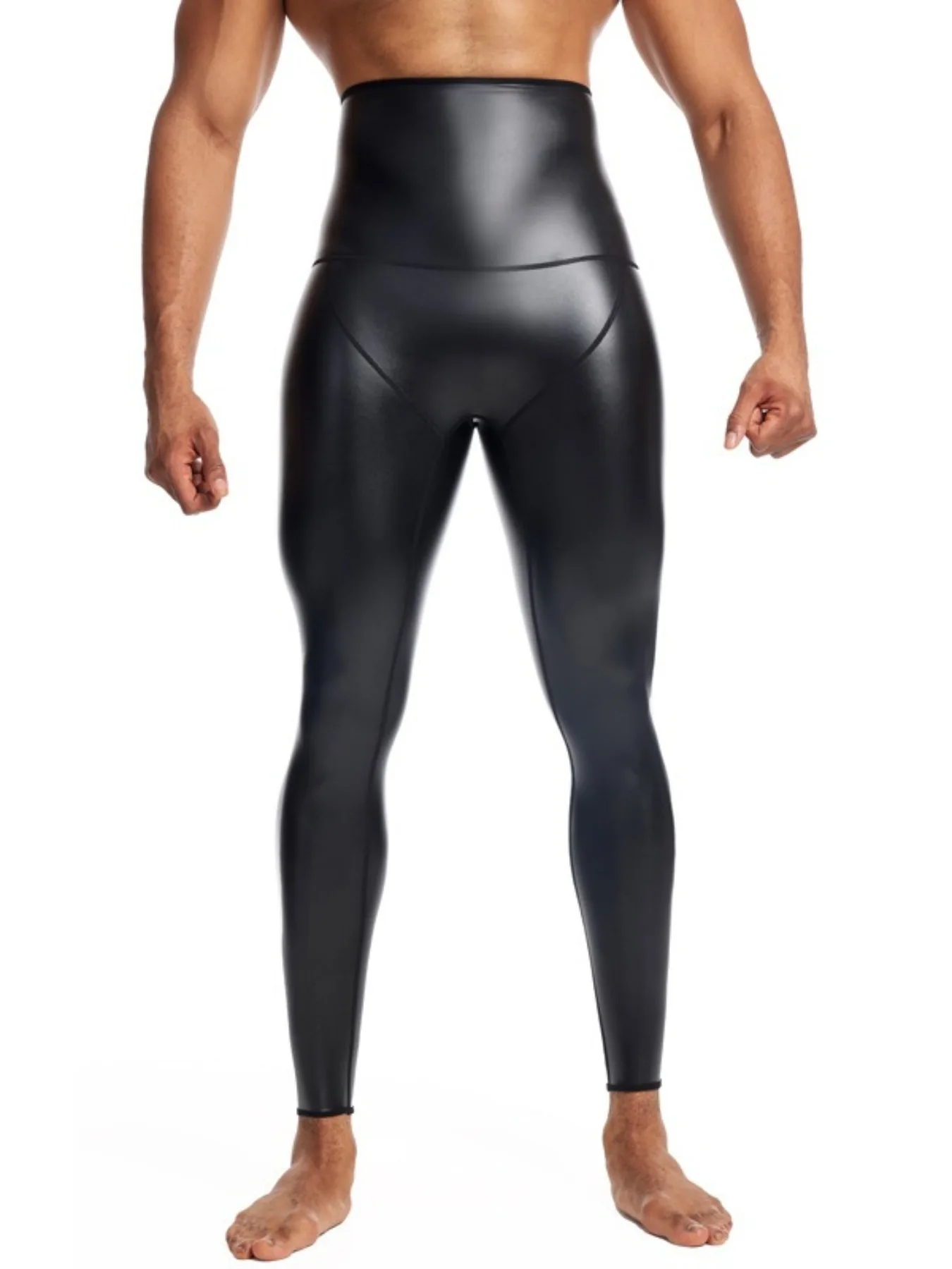 Men's Pu Leather Pants Plastic Waist Plastic Legs High Waist Body Sculpting Pants Belly Closure Bodybuilding Waist Pants
