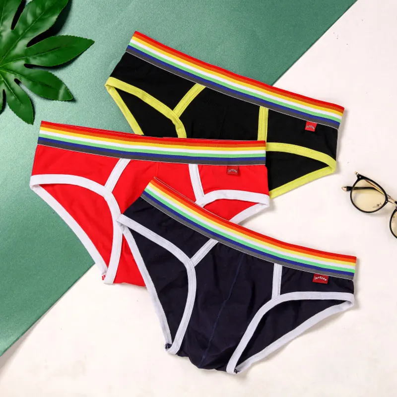 Sexy Mens Underwear Rainbow Belt Briefs Fashion Cotton Panties Youth Breathable Underwear Briefs Low Waist Underpants For Male