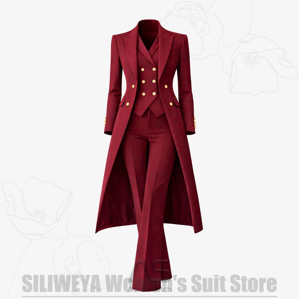 Women's Suit 3 Piece Double Breasted Long Coat Vest Pants Elegant Formal Business Wear Luxury Wedding Party Prom Outfit 2026