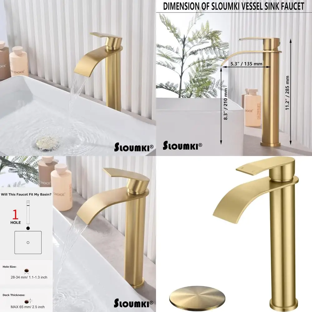 

Single Handle High Basin Faucet with Waterfall Spout, Brushed Gold Finish, Includes Hose & Pop-Up Drain