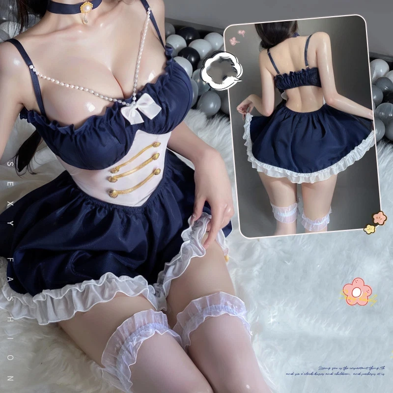 

Adult Lingerie Feminine Strapless Halter Dress Beautiful Back Patchwork Lotus Leaf Lace Princess Dress Set