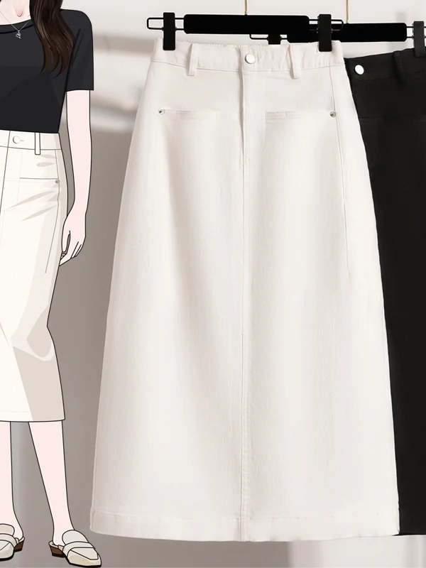 

Юбка А-силуэта с высокой талией, повседневная, эластичная, джинсовая, больших размеров, женская одежда, в стиле кэжуал, с вышивкой, из кожи и ткани