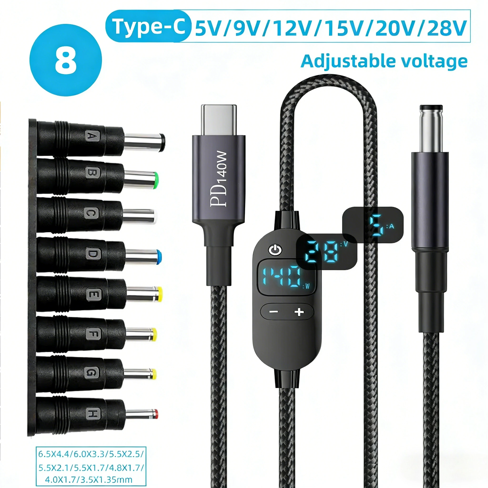 USB-C zu DC Stromverstärker-Kabel 140W Typ-C zu 5V 9V 12V 15V 20V 28V Einstellbarer Spannungsadapter Anschlusskabel für Laptop Router