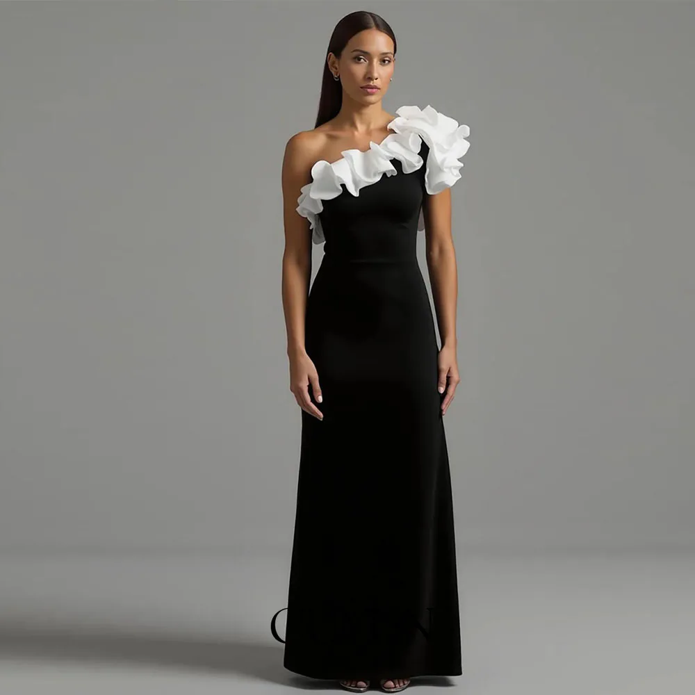 CUYUN One Shoulder Ruffled Evening Gown Floor-Length Elegant Party Dresses Customized Black Long Formal Dresses Women