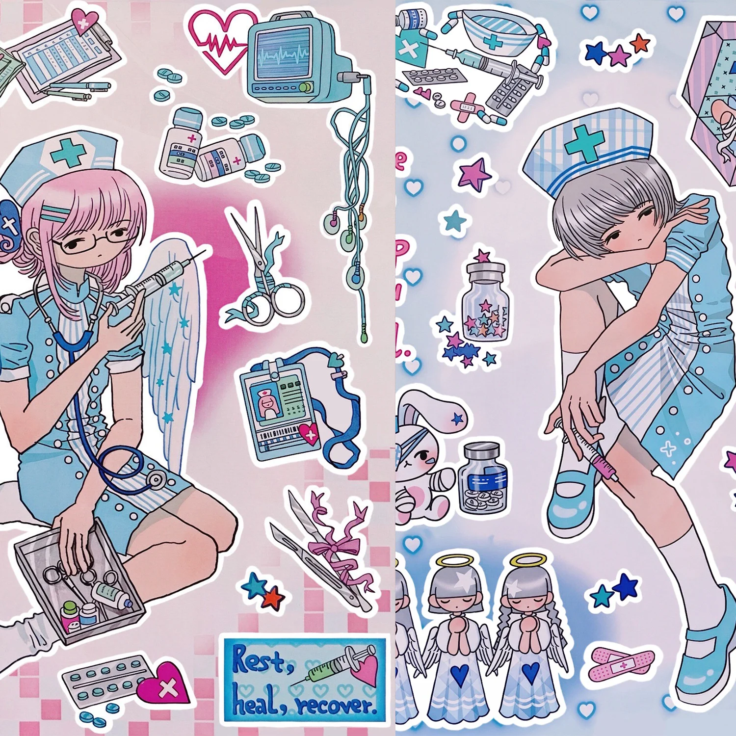 Anime Medical Style Nurse Girl Journal Stickers, Angel Wings, Pills & Syringe Decorative Stickers for DIY Scrapbooking