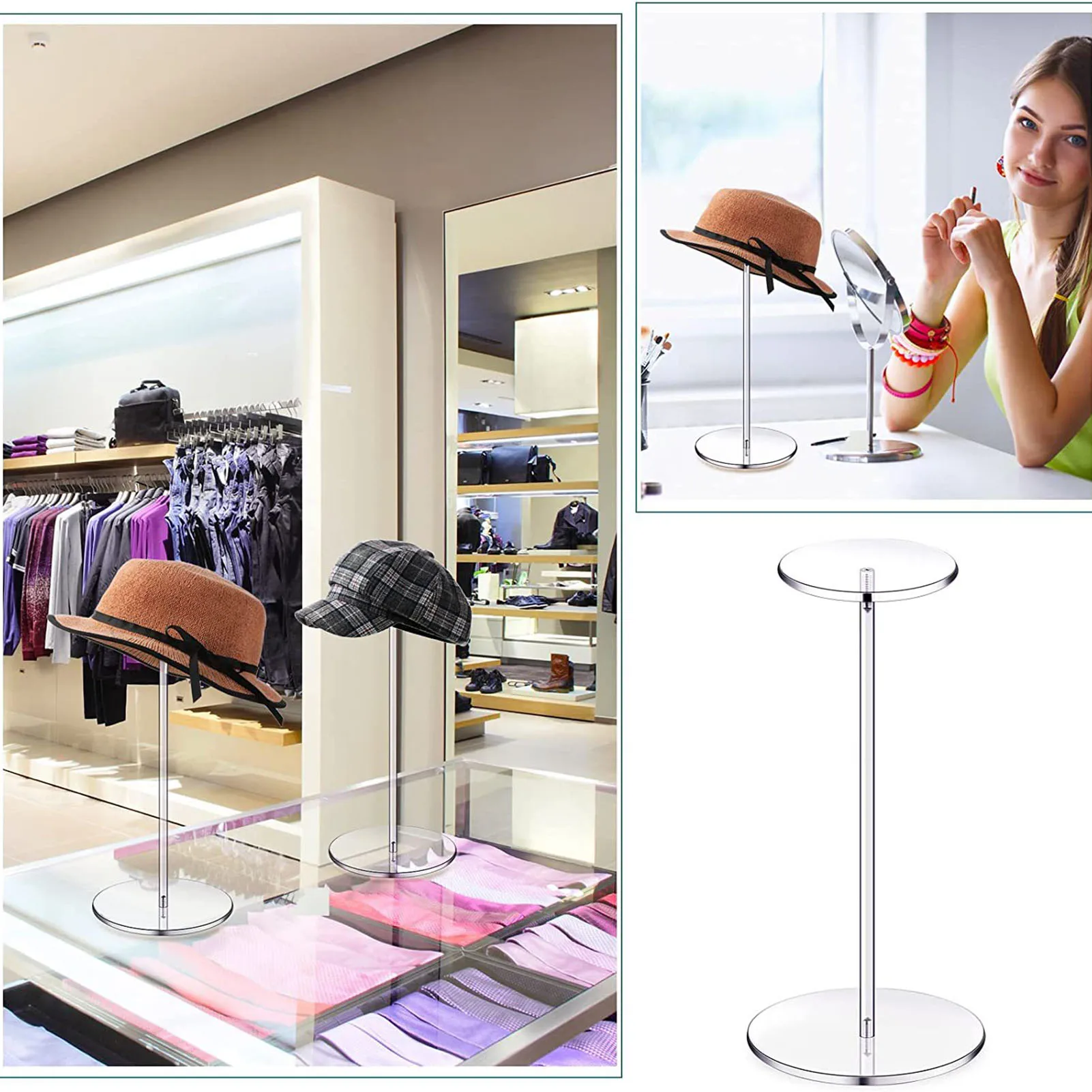 New Premium Clear Acrylic Hat Stand and Wig Holder Rack Decorative Hat Display Stand with Pedestal and Round Base Home Decor