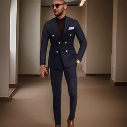 Stripe Groom Tuxedos Double Breasted Groomsmen Wedding Men Formal Suits Dinner Party Prom Costume (Jacket+Pants) 2024