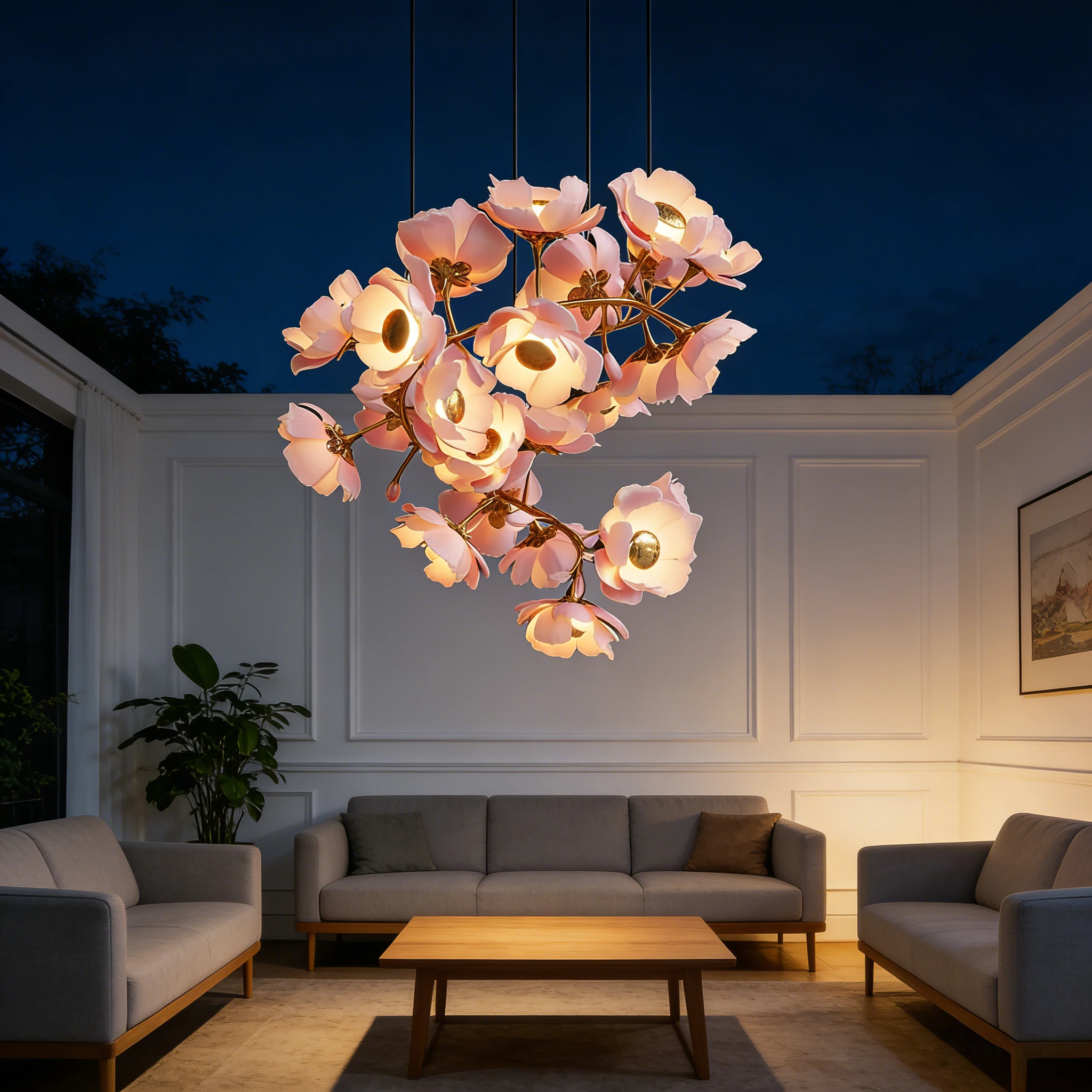 

BOSSEN Luxe Cherry Blossom Ceramic Glass Copper Pendant Light Adjustable Dimmable Luster Chandelier in Rose Gold for Living Room