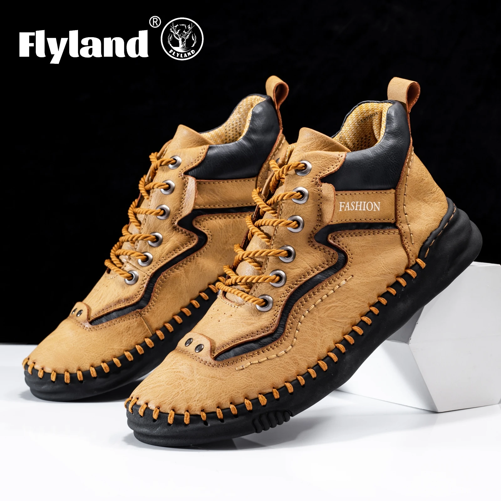 FLYLAND Men\'s Fashion Vintage Hand Stitching Soft Business Casual Leather Ankle Boots Handmade Shoes