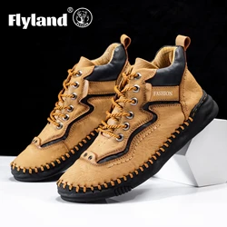 FLYLAND Men's Fashion Vintage Hand Stitching Soft Business Casual Leather Ankle Boots Handmade Shoes