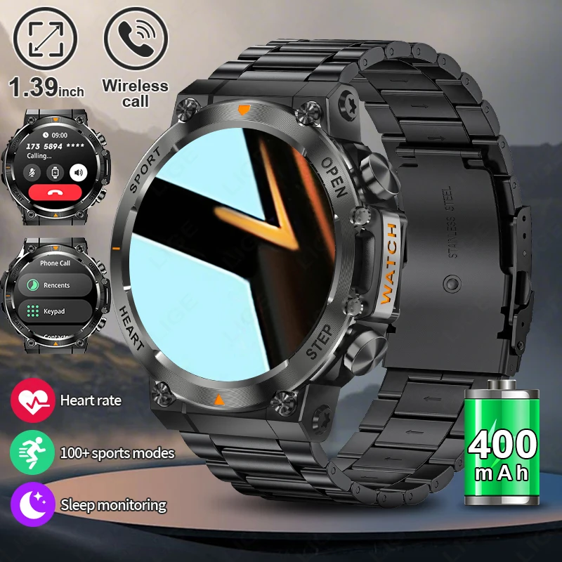 Reloj inteligente LIGE para hombre 2025, llamadas Bluetooth, batería grande de 400mAh, reloj inteligente de 1,39 pulgadas, más de 100 modos deportivos, reloj deportivo, reproductor de música