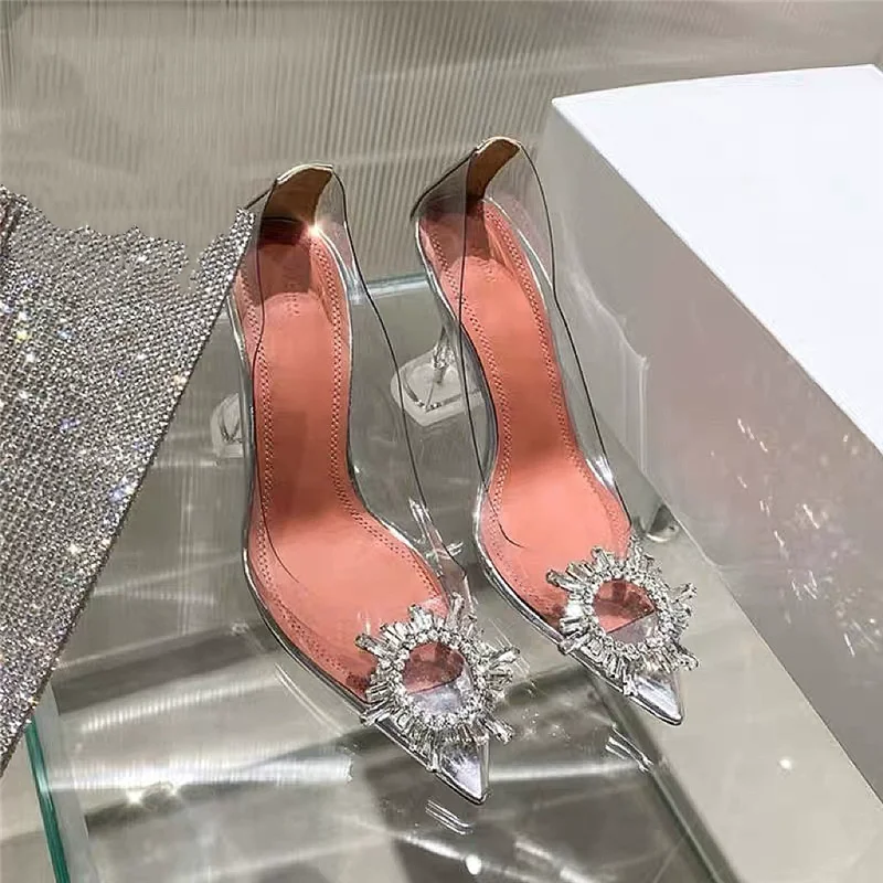 

Весенне-летние новые туфли на высоком каблуке с прозрачным каблуком из ПВХ, украшенные стразами в виде подсолнухов, для торжественных мероприятий, большие размеры.